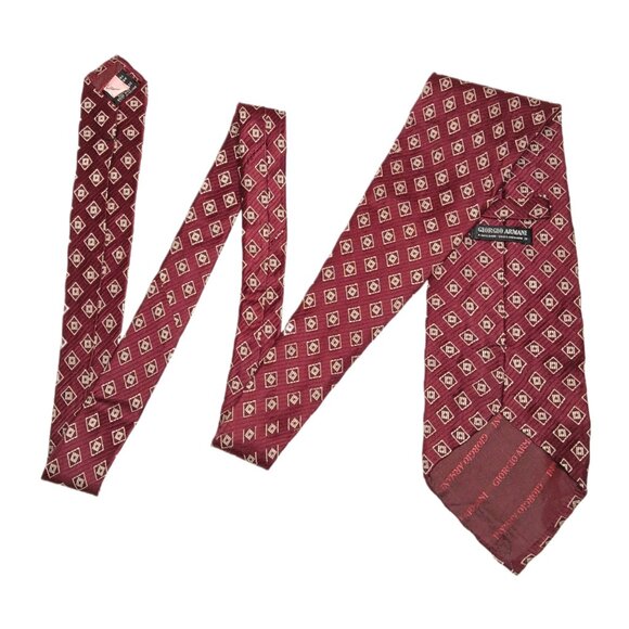 Giorgio Armani Silk Blend Tie Men’s 59” Burgundy Gold Geometric Italian Wide New - Picture 3 of 4